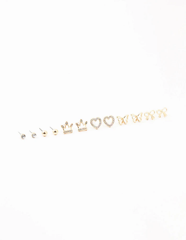 Kids Gold Diamante & Heart Stud Earrings Pack