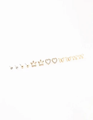 Kids Gold Diamante & Heart Stud Earrings Pack