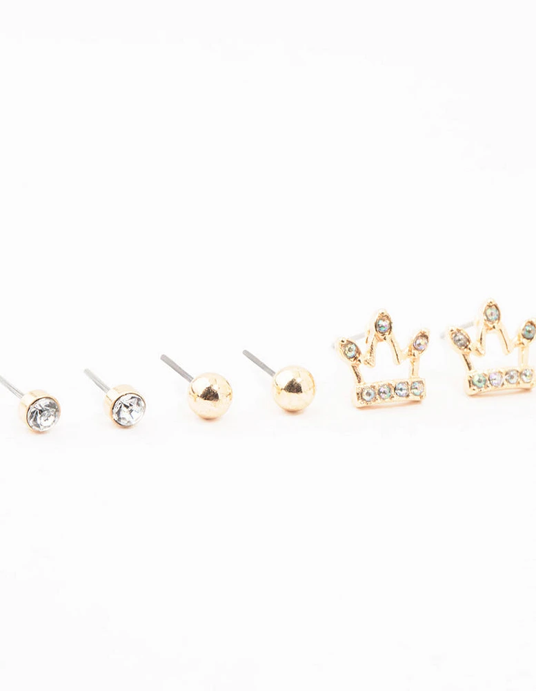 Kids Gold Diamante & Heart Stud Earrings Pack