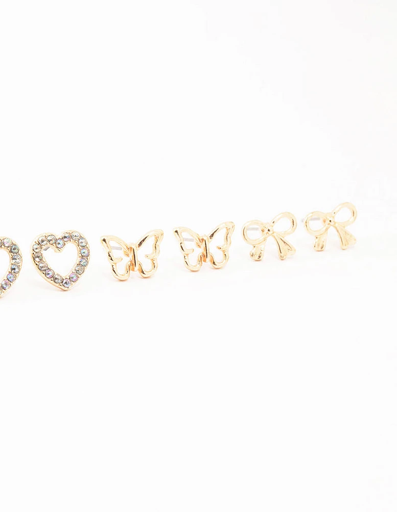 Kids Gold Diamante & Heart Stud Earrings Pack