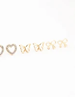 Kids Gold Diamante & Heart Stud Earrings Pack