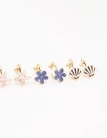 Kids Gold & Flower Sea Clip On Earrings