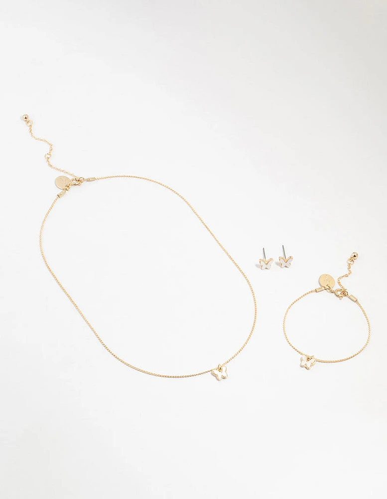 Kids Gold Butterfly Necklace & Earrings & Wrist Cuff Set