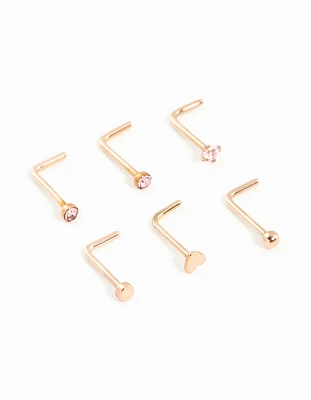 Rose Gold Plated Surgical Steel Heart & Diamante Nose Studs 6-Pack