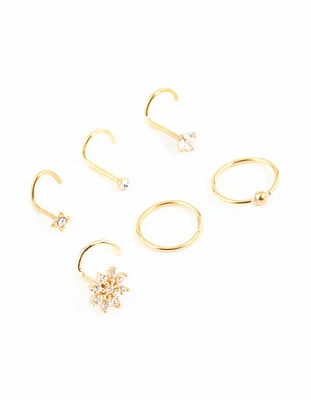 Gold Plated Surgical Steel Cubic Zirconia Flower Nose Ring & Stud 6-Pack