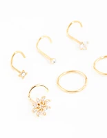 Gold Plated Surgical Steel Cubic Zirconia Flower Nose Ring & Stud 6-Pack