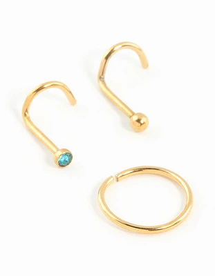 Gold Plated Surgical Steel Teal Diamante Nose Stud & Ring 3-Pack