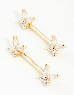 Gold Plated Surgical Steel Cubic Zirconia Butterfly Nipple Bars 2-Pack