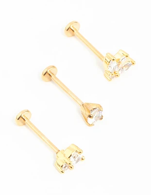 Gold Plated Surgical Steel Double Cubic Zirconia Flat Backs 3-Pack