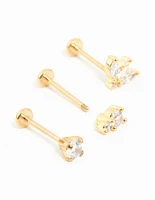 Gold Plated Surgical Steel Double Cubic Zirconia Flat Backs 3-Pack