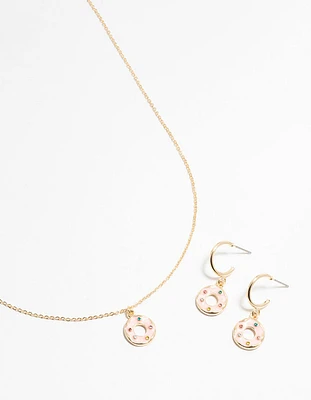 Gold Enamel Donut Necklace & Earrings Set