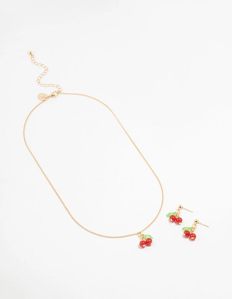 Gold Cherry Necklace & Earrings Set