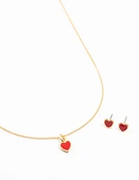 Red Enamel Heart Gold Necklace & Earrings Set