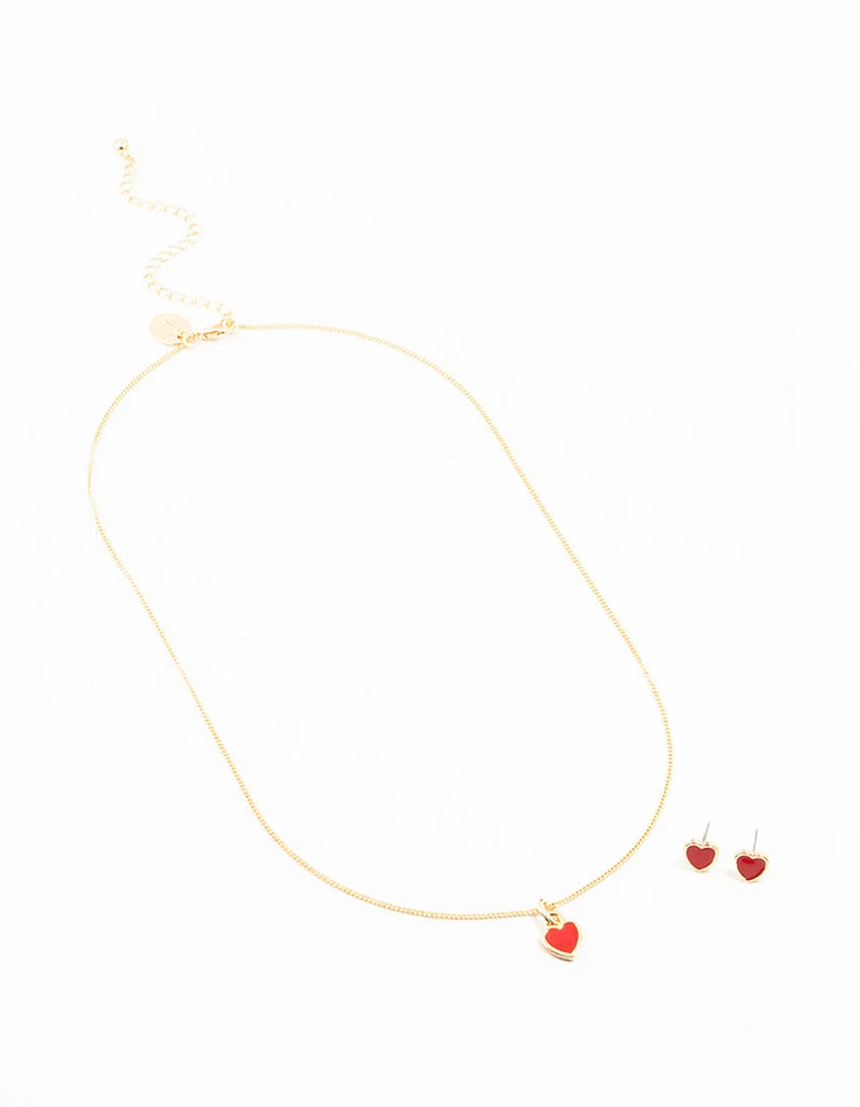 Red Enamel Heart Gold Necklace & Earrings Set