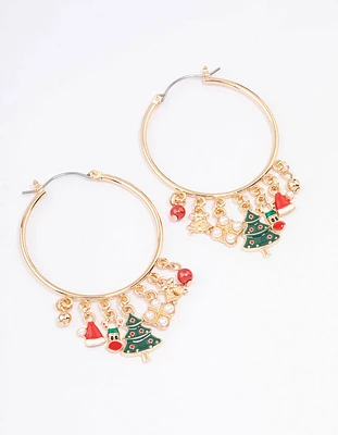 Gold Tree & Santa Charm Hoop Earrings