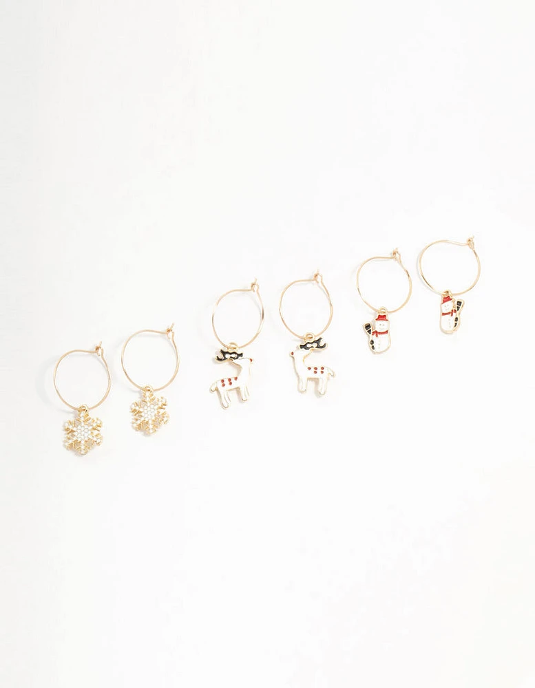 Gold Reindeer & Winter Charms Hoop Earrings 3-Pack