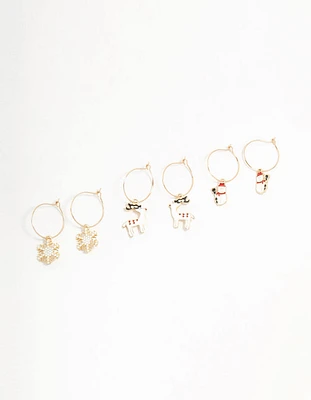 Gold Reindeer & Winter Charms Hoop Earrings 3-Pack