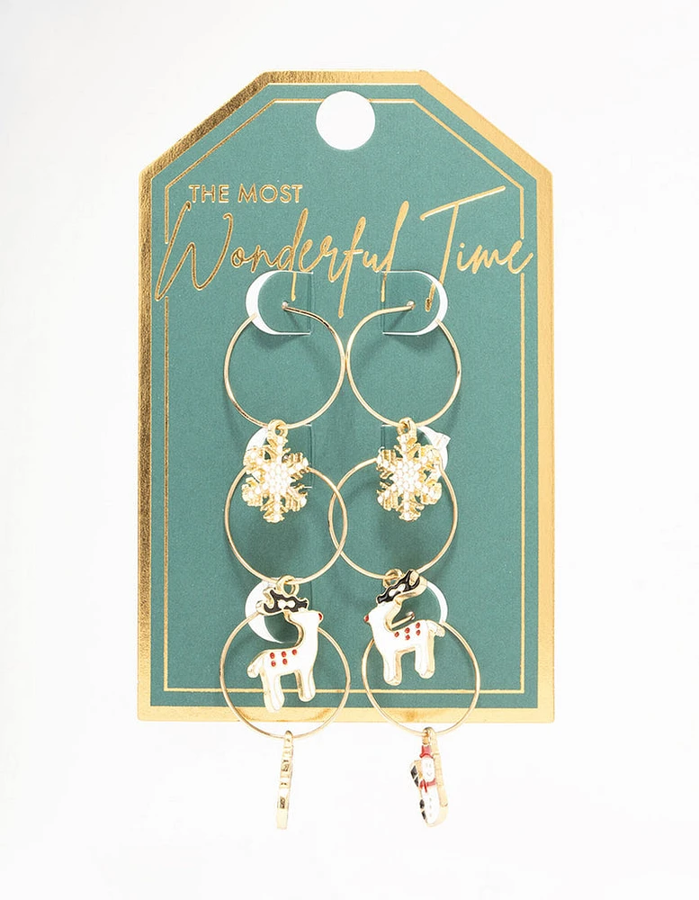 Gold Reindeer & Winter Charms Hoop Earrings 3-Pack