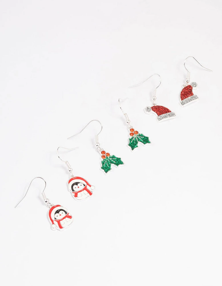 Silver Holly, Santa & Penguin Drop Earrings 3-Pack