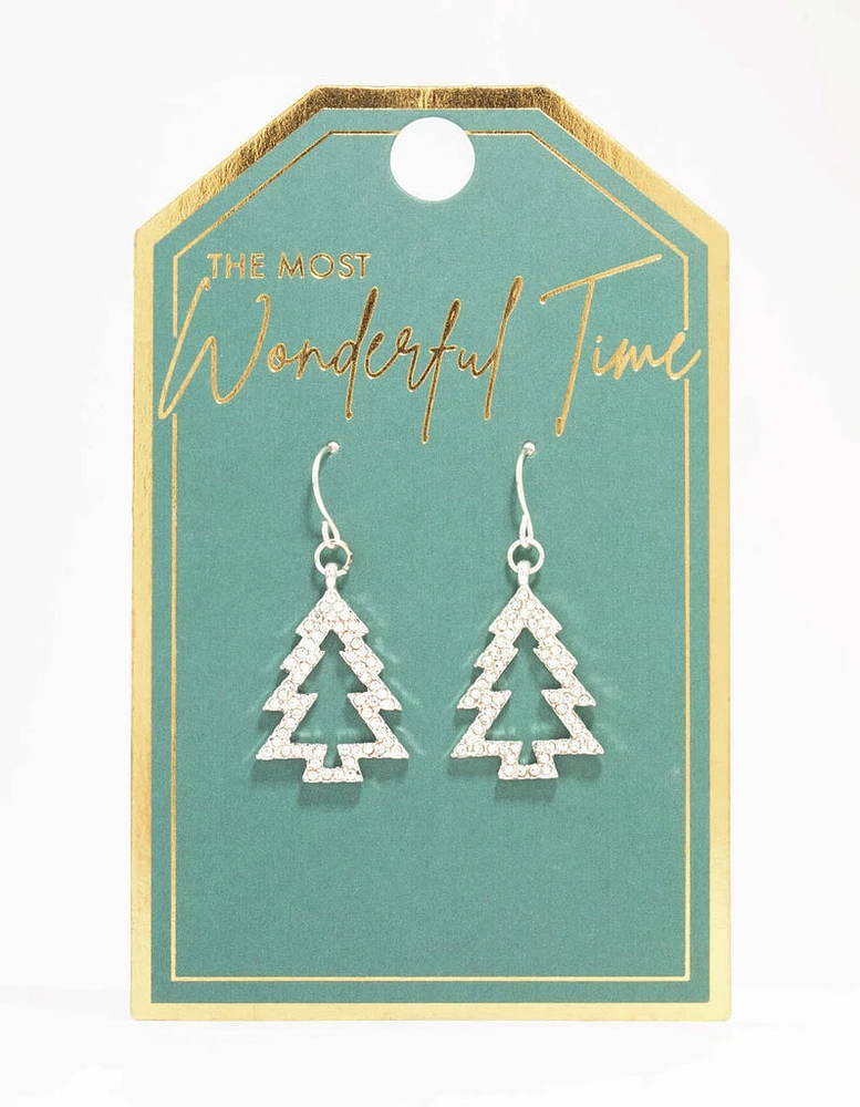 Silver Diamante Tree Outline Drop Earrings