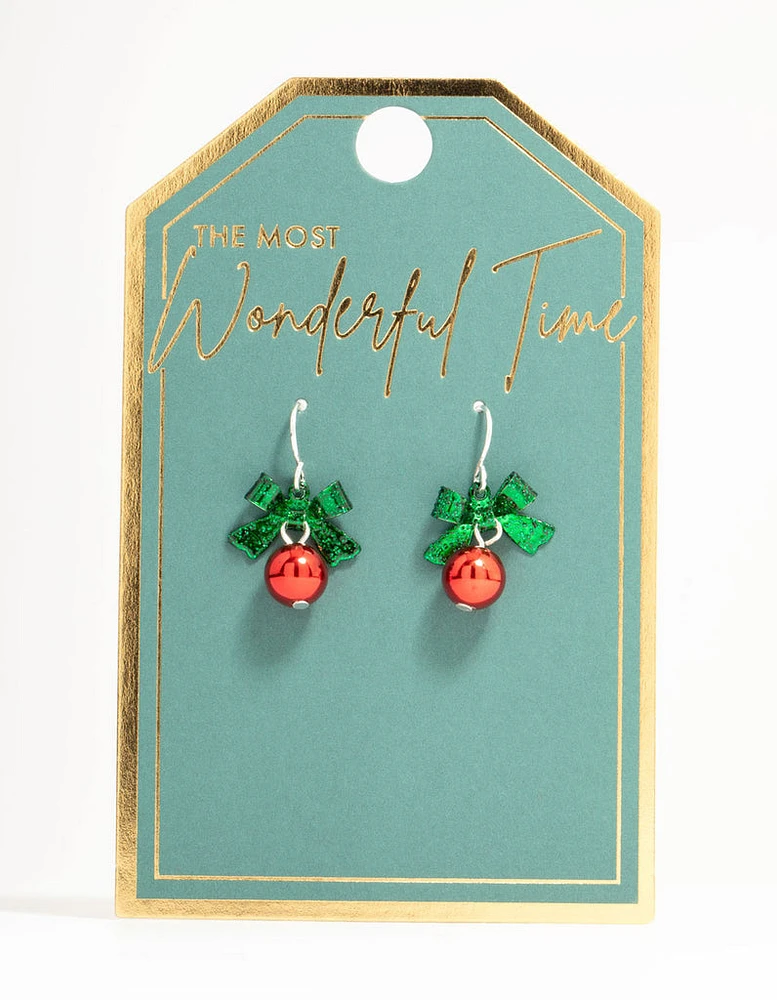 Green Bow & Red Bell Drop Earrings