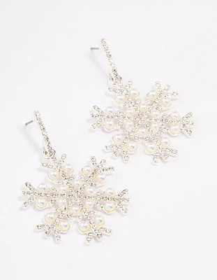 Silver Pearl & Diamante Snowflake Earrings