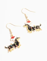 Black Dachshund Dog Gold Drop Earrings