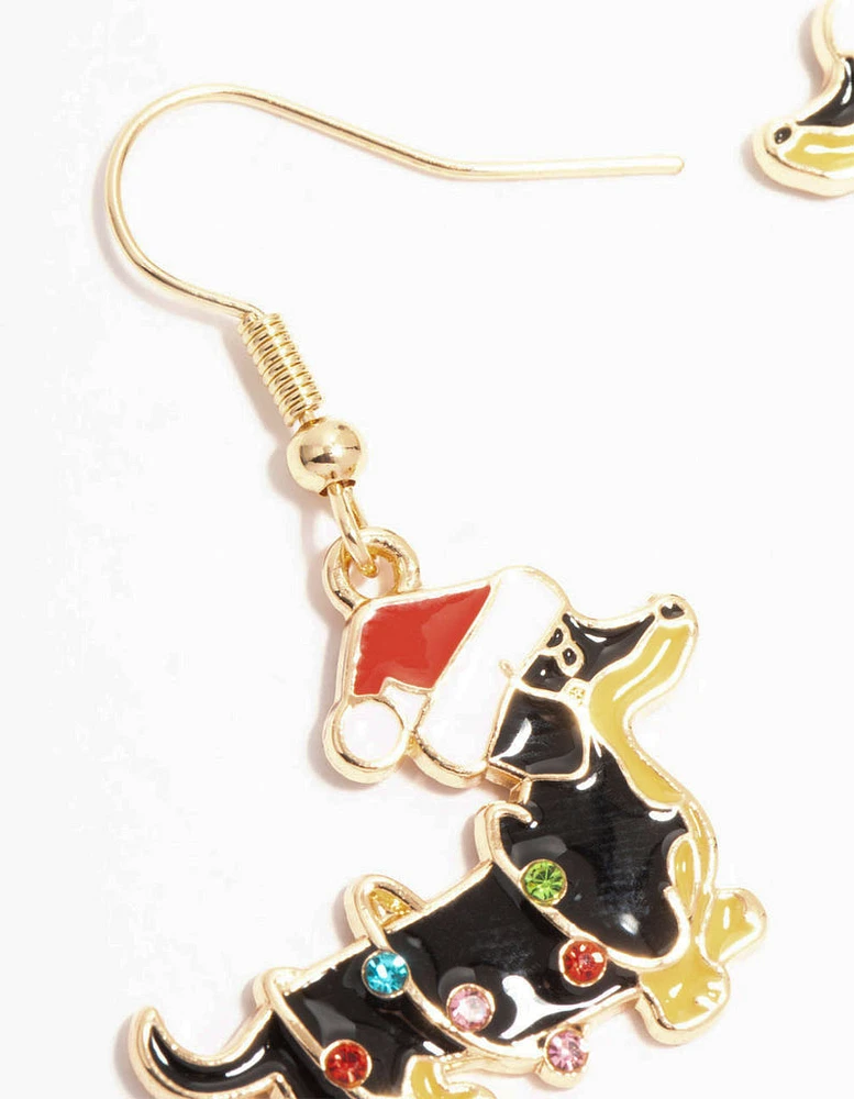 Black Dachshund Dog Gold Drop Earrings