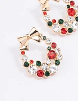 Red & Green Diamante Wreath Stud Earrings