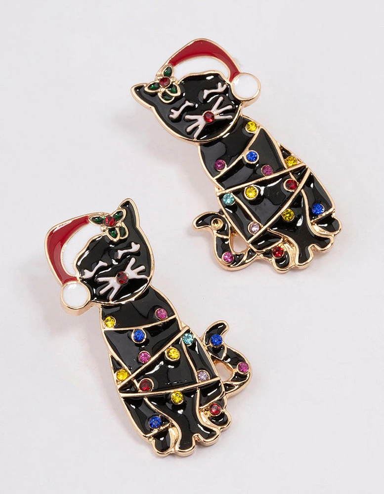 Black Cat With Santa Hat Earrings