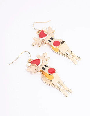 Gold Red-Nosed Reindeer Drop Earrings