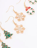 Wreath, Tree & Snowflake Drop Earrings 3-Pack