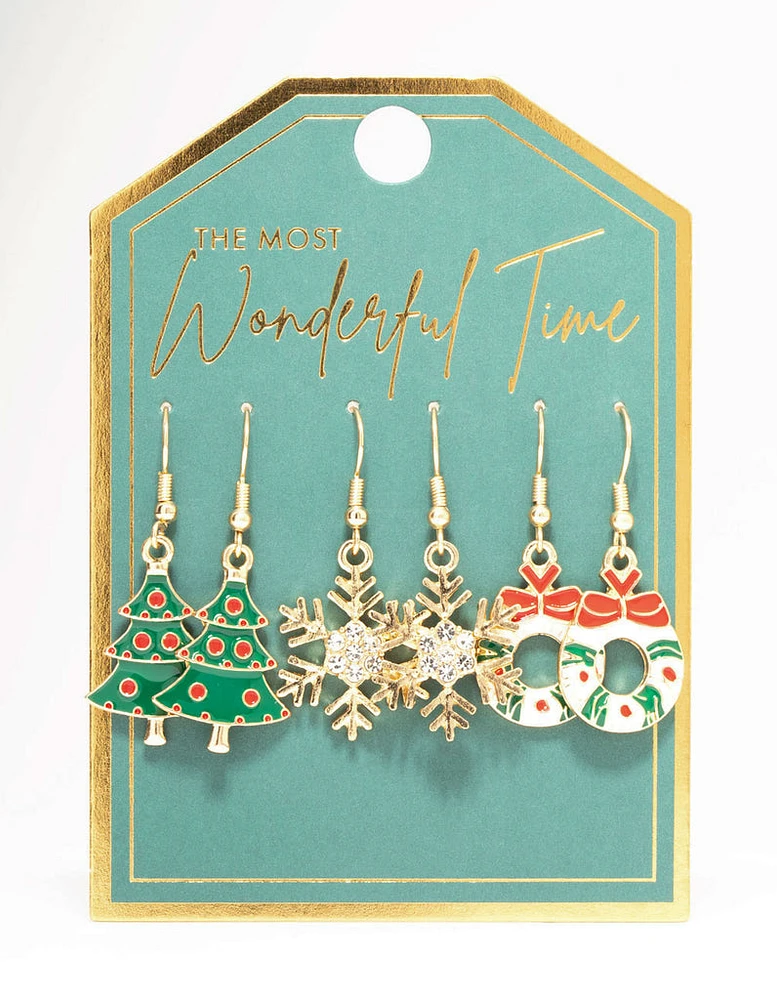 Wreath, Tree & Snowflake Drop Earrings 3-Pack