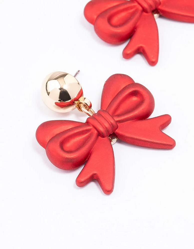 Red Pearlised Bow Drop Earrings