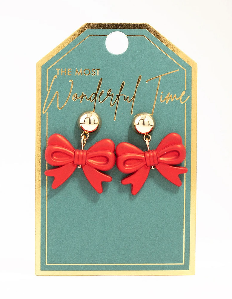 Red Pearlised Bow Drop Earrings