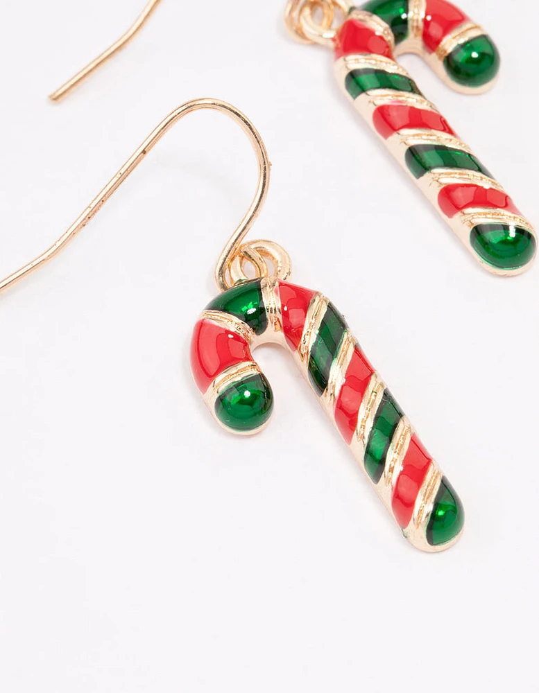 Red & Green Candy Cane Enamel Drop Earrings