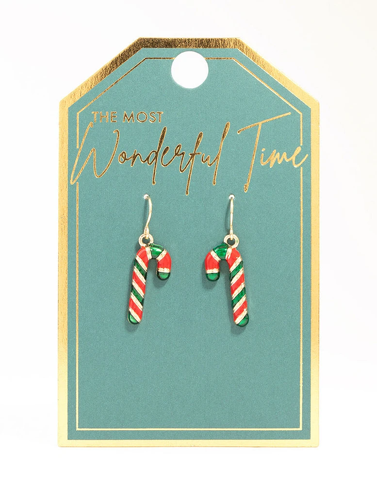 Red & Green Candy Cane Enamel Drop Earrings