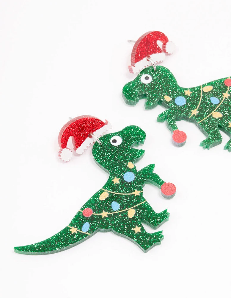 Acrylic Dinosaur With A Santa Hat Drop Earrings