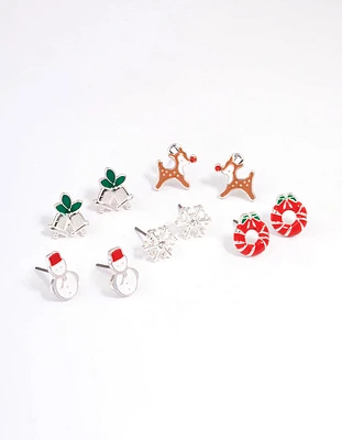 Snowman & Wreath Enamel Stud Earrings 5-Pack