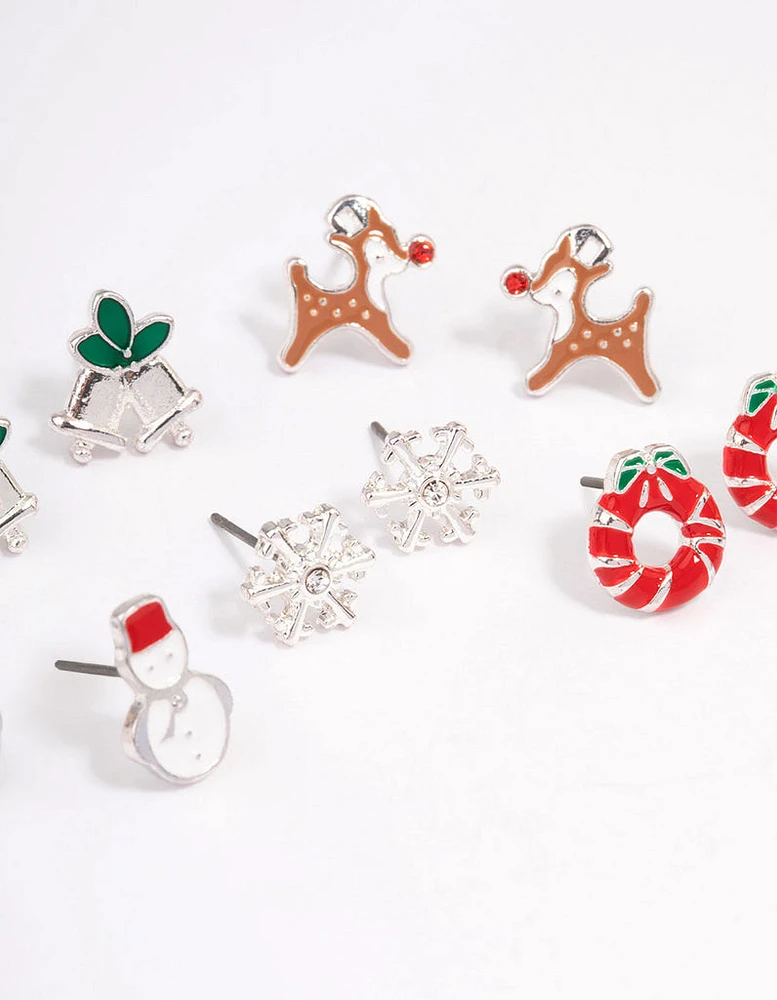 Snowman & Wreath Enamel Stud Earrings 5-Pack