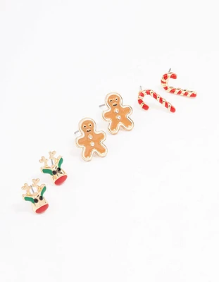 Reindeer, Candy Cane & Gingerbread Man Gold Stud Earrings 3-Pack