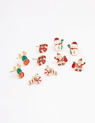 Present & Candy Cane Enamel Stud Earrings 5-Pack