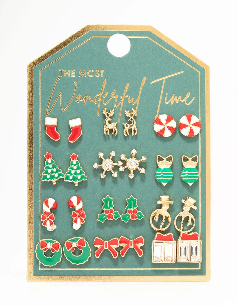 Candy Cane & Bow Gold Earrings 12-Pack