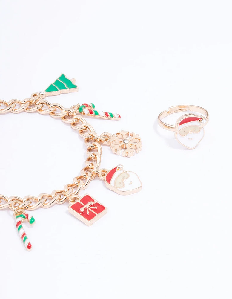 Santa Motif Ring & Charm Bracelet Set