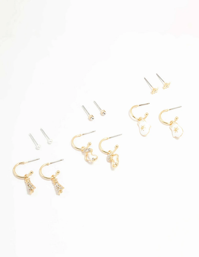 Gold Winter Mitten & Christmas Tree  Earrings 6-Pack