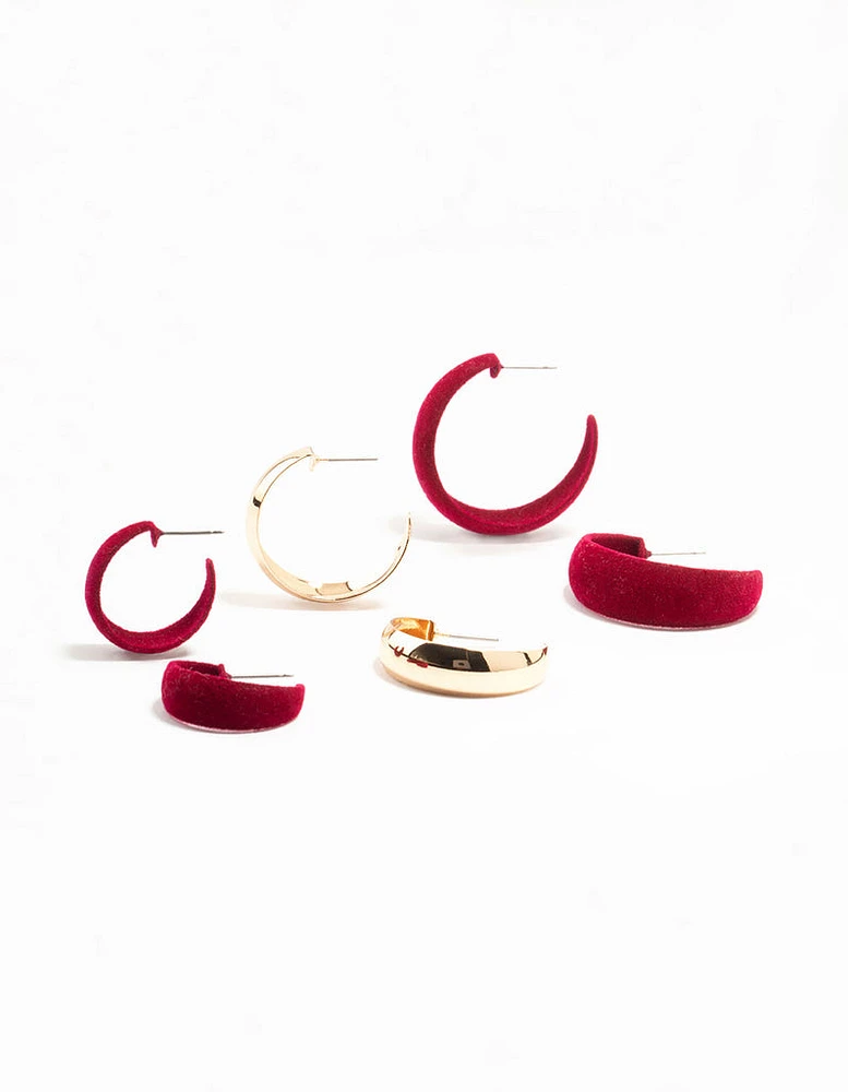 Red Velvet Fabric & Gold Earrings 3-Pack