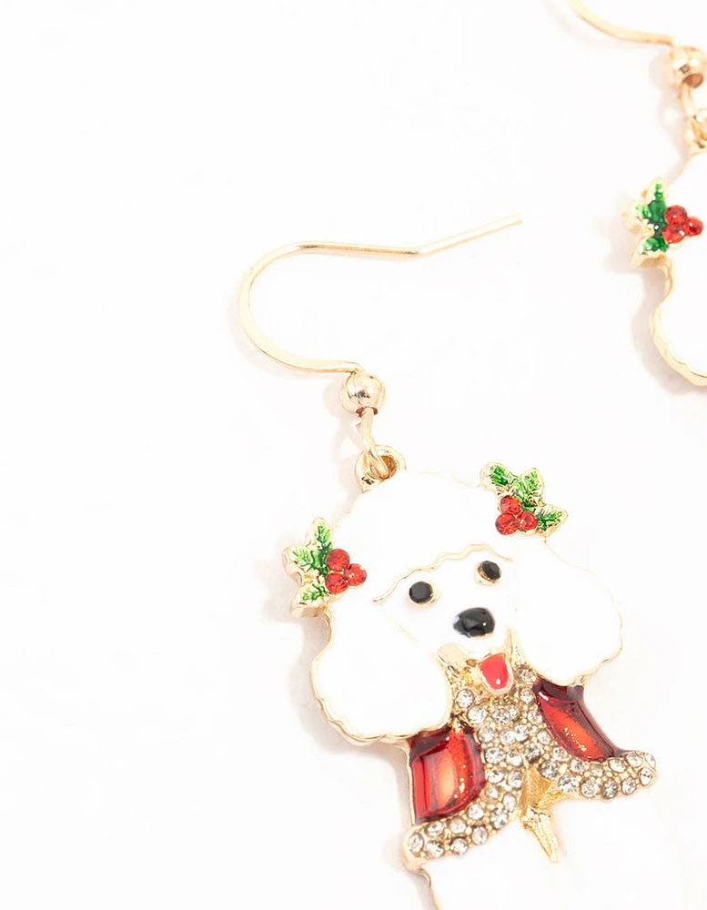 White Poodle Drop Gold Earrings