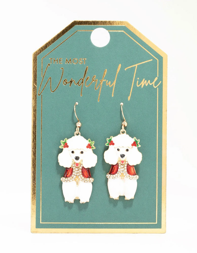 White Poodle Drop Gold Earrings