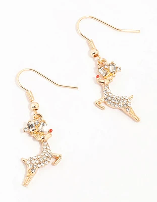 Gold Jumping Diamante Reindeer Earrings