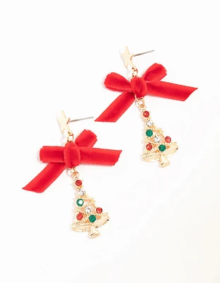 Red Velvet Bow & Diamante Bauble Gold Tree Drop Earrings